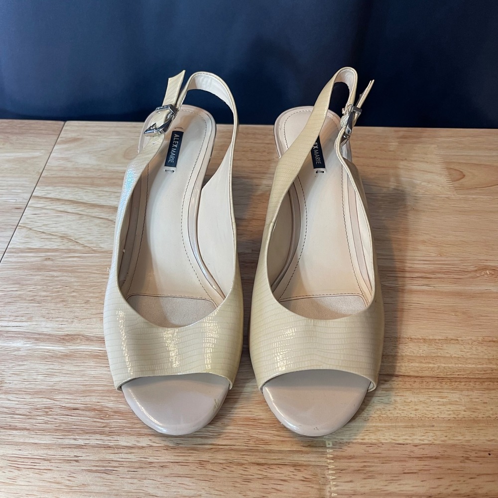 Alex Marie Womens Cream Lizard Embossed Slingback Wedge Peep Toe Sandals 11M